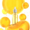Bottle natural yellow oil, beauty health medicine , background, liquid cosmetic oil. Glass Bottle, care organic herbal, treatment