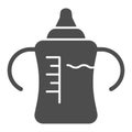 Bottle with a nipple solid icon. Plastic feeding milk bottle for newborn glyph style pictogram on white background Royalty Free Stock Photo