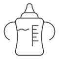 Bottle with a nipple thin line icon. Plastic feeding milk bottle for newborn outline style pictogram on white background Royalty Free Stock Photo