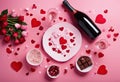 bottle nner table champagne card greeting concept Flat confetti heartshaped red glasses pink Romantic lay Happy view chocolates