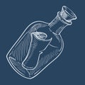 Bottle with note isolated sketch or chalk drawing, marine symbol Royalty Free Stock Photo