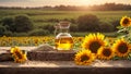 Bottle with oil on the background of a field with sunflowers