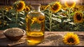 Bottle with oil on the background of a field with sunflowers summer farm cultivation