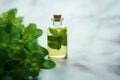 Bottle of oil with green leaves. Essential oil of peppermint in bottle with fresh green.