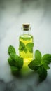 Bottle of oil with green leaves. Essential oil of peppermint in bottle with fresh green.