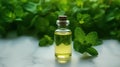 Bottle of oil with green leaves. Essential oil of peppermint in bottle with fresh green.