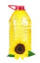 Bottle oil plastic big and sunflower on white Royalty Free Stock Photo