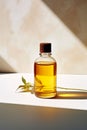 Bottle of oil with single flower on table. Generative AI Royalty Free Stock Photo