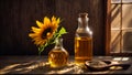 Bottle with oil sunflower flower