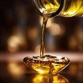 A bottle of olive oil being poured into a bowl, AI