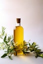 Bottle of olive oil with branch of olives. Generative AI