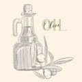 Bottle of olive oil and olive branch. Vector Hand drawn illustration. Glass pitcher vintage engraving isolated on white background Royalty Free Stock Photo