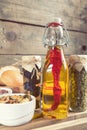 Bottle of olive oil with chilli. Mediterranean food.