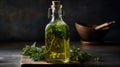 A Bottle Of Olive Oil With Fresh Herbs. Generative AI Royalty Free Stock Photo