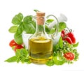 Bottle of olive oil with fresh mediterranean herbs Royalty Free Stock Photo