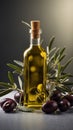 Bottle of olive oil with fresh olives and olive branch. Royalty Free Stock Photo