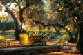 Bottle of olive oil and fresh olives set on a wooden table amidst an olive grove at sunset