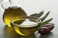 Olive oil in bottle with olives Royalty Free Stock Photo