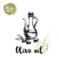 Bottle with olive oil and olives and leaves. Food and cosmetic vector old looking illustration.