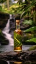 A bottle of olive oil sitting on a rock next to a waterfall. Generative AI image.