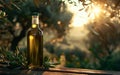 A bottle of olive oil stands on a rustic wooden table Royalty Free Stock Photo