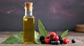 Bottle of olive oil on a vintage old wooden table Royalty Free Stock Photo