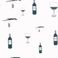 Bottle openers, wine bottles and wine glasses on grey background seamless pattern