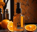 Bottle of  orange  essential oil on wooden table, closeup. created with Generative AI technology Royalty Free Stock Photo