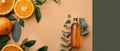 Bottle of Orange Juice Surrounded by Oranges and Leaves