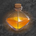 Bottle with orange potion. Game icon of magic elixir.