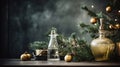 A bottle of perfume, a candle and some christmas decorations, AI Royalty Free Stock Photo