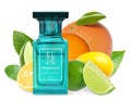 Bottle of perfume with citrus scent on white background