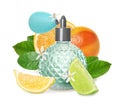 Bottle of perfume with citrus scent on white background