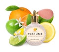 Bottle of perfume with citrus scent on white background