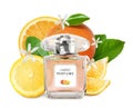Bottle of perfume with citrus scent on white background