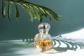 A bottle of perfume and cosmetics. On a green background with a palm tree branch. The play of light and shadow