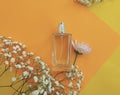 Bottle perfume flower atomizer beautiful aromatherapy a colored background trendy
