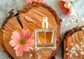 Bottle perfume flower decorative aromatherapy on a concrete background