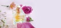 bottle perfume flower fragrance on a colored background aromatherapy