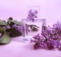 bottle perfume flower lilac, background minimalism summer Royalty Free Stock Photo