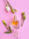 Bottle perfume fashion aromatic flat fresh fragrant container trend flora aromatherapy flower spring on a colored background
