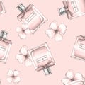 Bottle of perfume and flowers. Seamless pattern 3