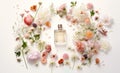 Bottle of perfume with flowers on white background. Generative Ai Royalty Free Stock Photo