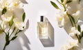 Bottle of perfume with flowers on white background. Generative Ai Royalty Free Stock Photo