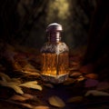 Bottle of perfume in forest.Unisex cosmetics.