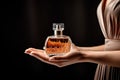 A bottle of perfume in her hand. A girl holding a bottle of perfume on her hand, sophistication Royalty Free Stock Photo