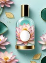 Bottle of perfume with lotus flowers on the blue background
