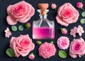 Bottle of perfume with rose flowers and eucalyptus leaves Royalty Free Stock Photo