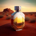 Bottle of perfume in sand. Yellow sand on the beach, man or woman unisex cosmetics.