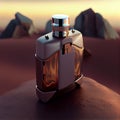 Bottle of perfume in sand. Yellow sand on the beach, man or woman unisex cosmetics.